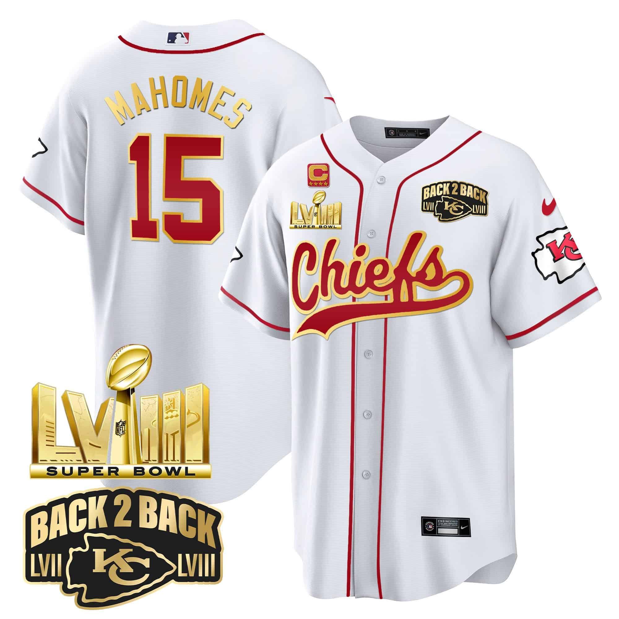 Men Kansas City Chiefs 15 Mahomes White 2024 Nike Super Bowl LVIII Back 2 Back Gold Patch Baseball NFL Jersey